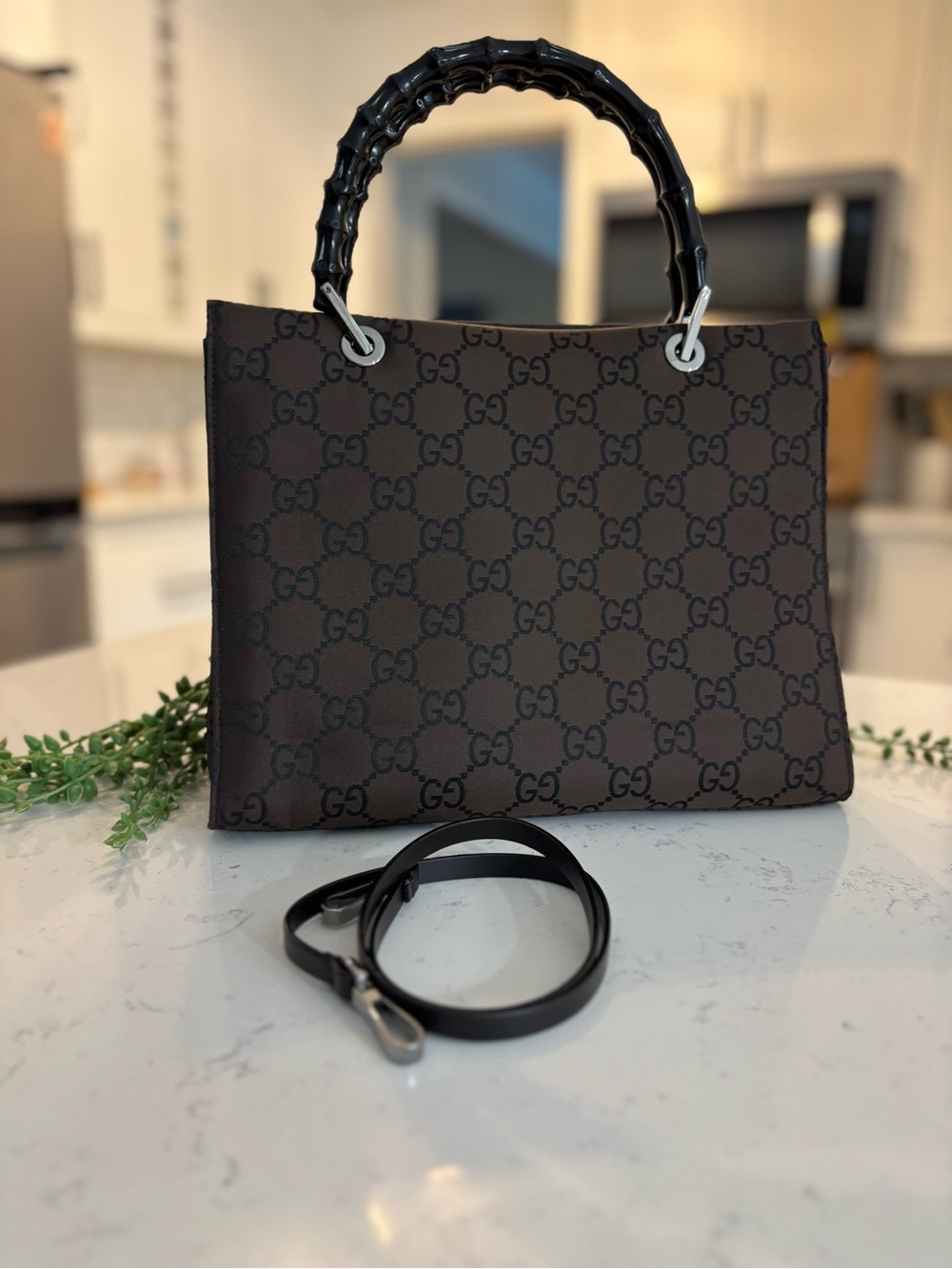 Gucci Brown GG Canvas Tote with Black Bamboo Handle